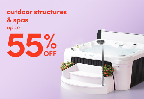 Outdoor structures and spas up to 55% off featuring a white hot tub with steps and potted flowers on a purple background.