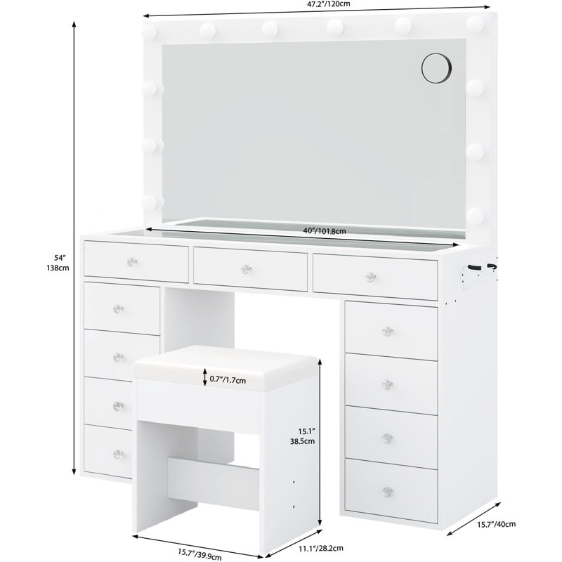 Dressing Table with Power Outlet and LED Mirror, 11 Drawers, 3 Lighting Modes, Glass Top, Stool, White