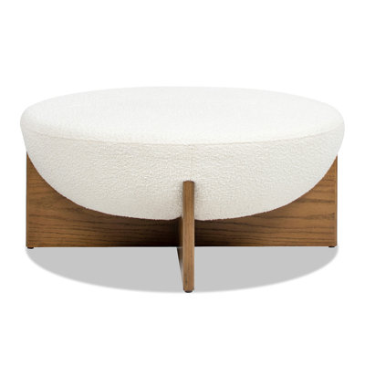 Repose-pieds rond rembourré 37 po avec base en bois naturel Joanel, blanc ivoire