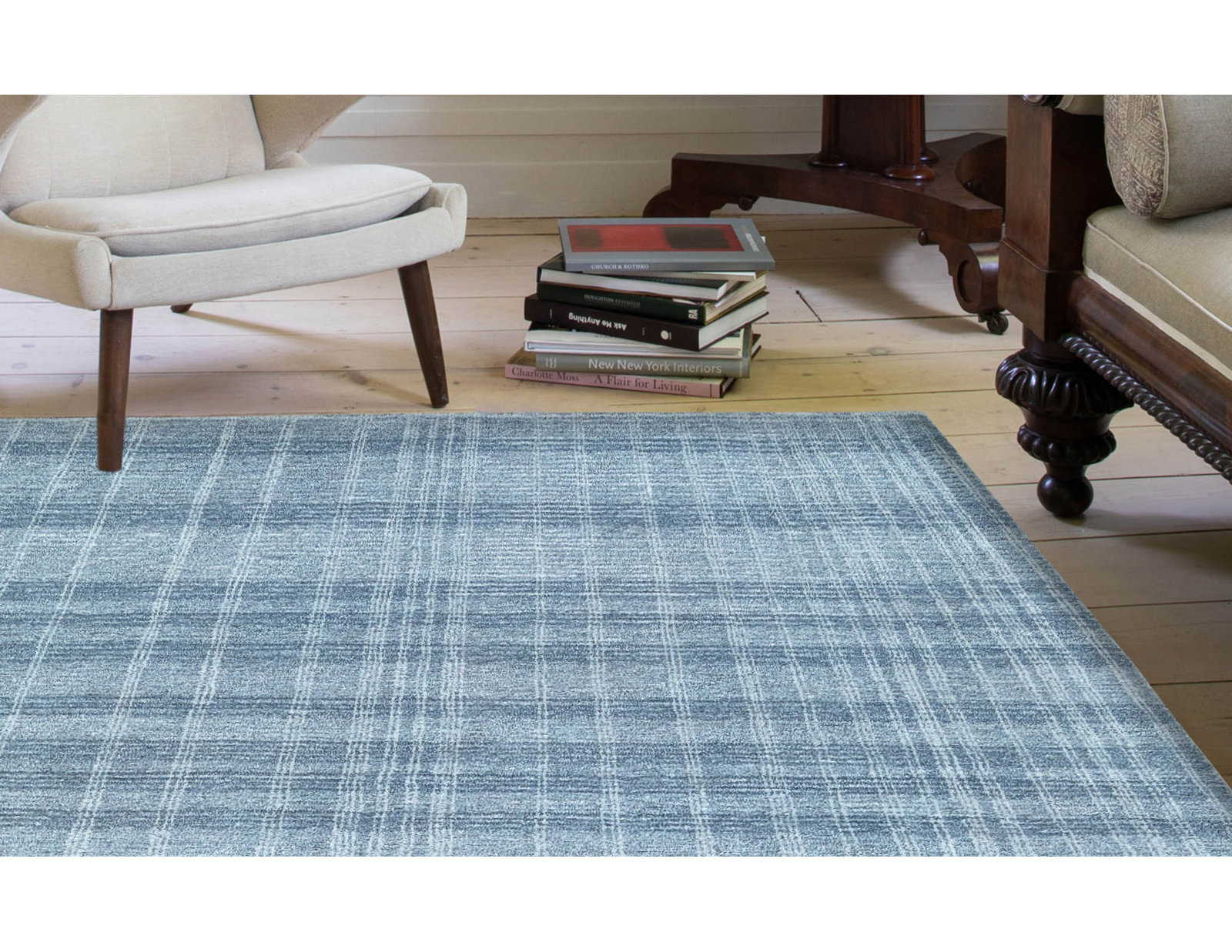 Sanura Plaid Hand Tufted Wool Area Rug in Blue, Rectangle 2' x 3'