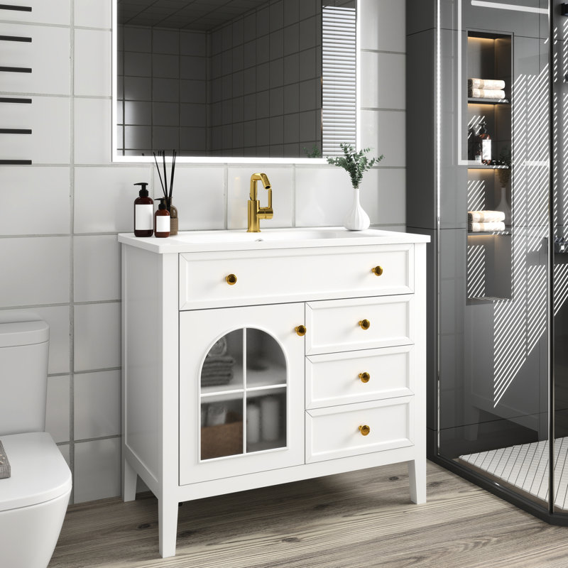 Meuble-lavabo blanc de 35,6 po de style Mid-Century avec verre antique, éclairage activé par le mouvement et beaucoup d'espace de rangement