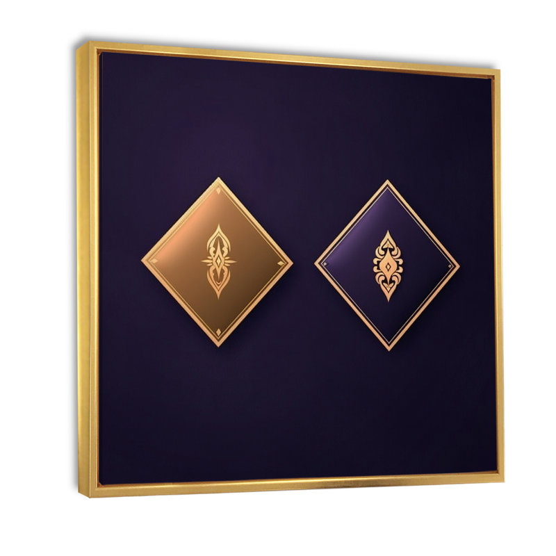 Motif géométrique rétro en mauve et or - imprimé, Cadre flottant doré, H 16 po x l 16 po x P 1 po