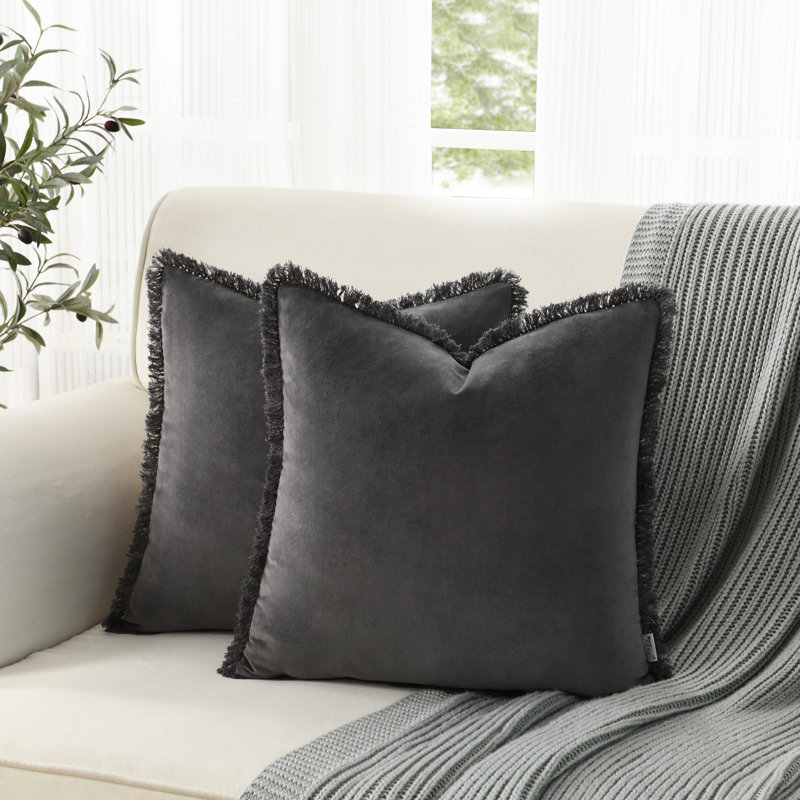 Pillow Covers with Tassels Soft Square Cotton Boho Farmhouse Throw Pillow Covers, Gray
