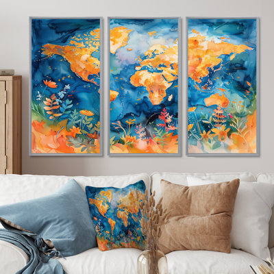 Carte du monde orange et bleu - ensemble de décoration murale carte du monde