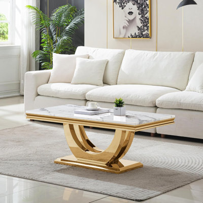 Table basse moderne en faux marbre avec base en acier inoxydable à miroir, table de cocktail rectangulaire pour le salon ou le bureau