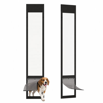 91" to 95 9/16" Adjustable Height Black Aluminum Alloy Frame Sliding Glass Pet Doors with 10"x 15" Flap and Rotating Hinge Lock Design For Dogs, Renters