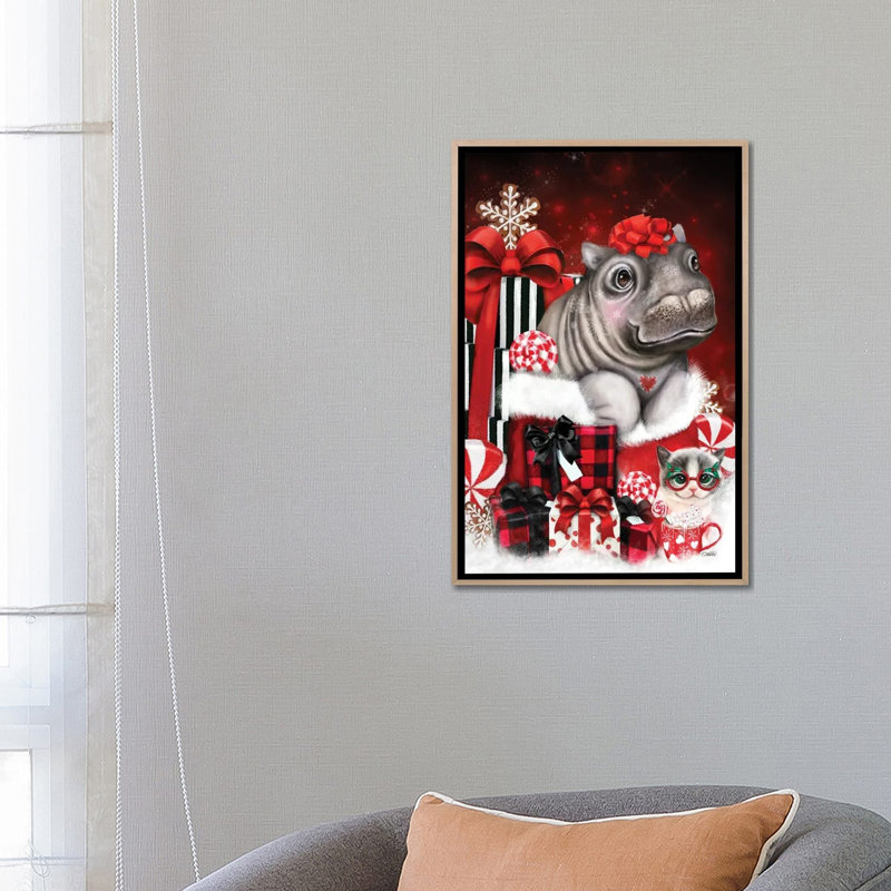 «Cute Hippo Christmas Surprise», reproduction d'art sur toile encadrée, H 26 po x l 18 po, Beige