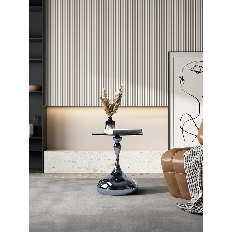 10mm Gray Tempered Glass Side Table with Marble-Finish Base & Nano-Coated Pole - Weighted Accent Table for Living Room, Bedroom, Balcony