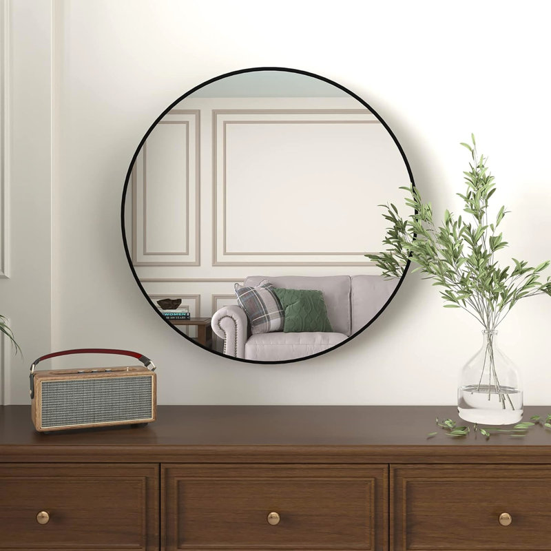 Miroir mural rond de 36 pouces pour les rénovations de salle de bain - verre de 4 mm de diamètre, aluminium rouillé, cadre brossé à diamètre de panneau de densité, crochets renforcés, suspension stable