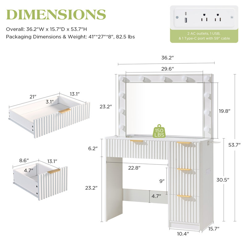 36.2" W Modern Vanity Desk With 4 Drawers, Led Lighted Mirror & Power Outlets, White, White
