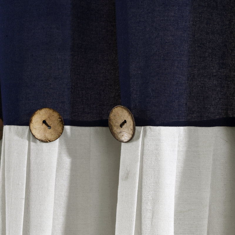 Navy and Off-White Linen Blend Light-Filtering Pleated Curtain Panel