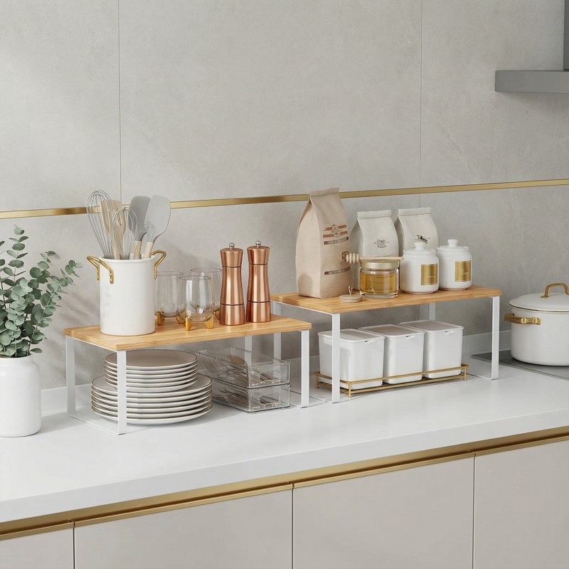 Ensemble de 2 tablettes de rangement empilables, Blanc / beige naturel, H 11,6 po x l 15,6 po x P 7,7 po