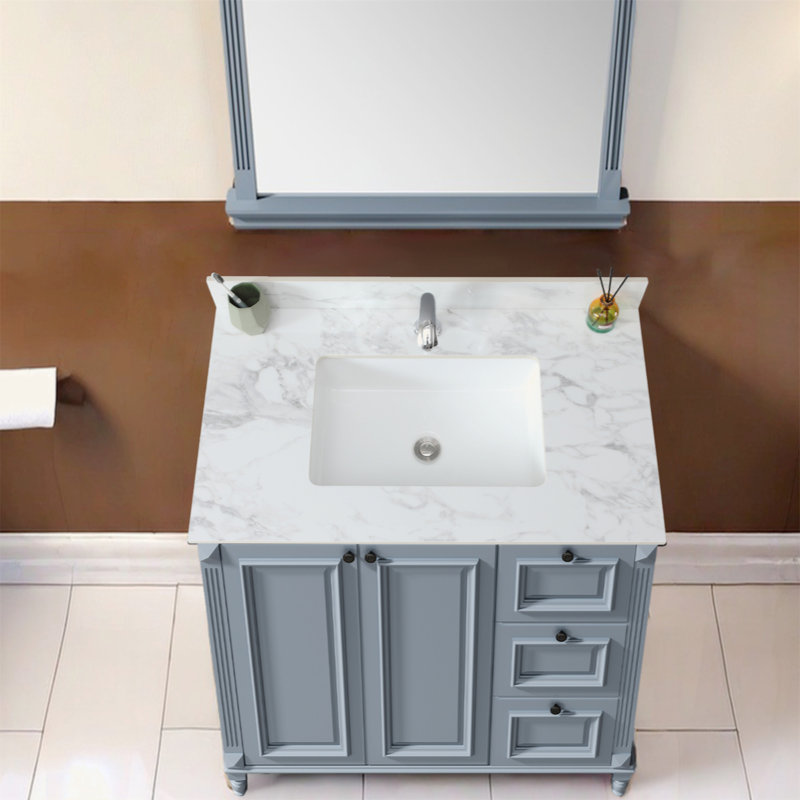 Dessus de meuble-lavabo 37 po x 22 po, dessus de meuble-lavabo en pierre frittée Carra Barthroom avec lavabo rectangulaire encastré en céramique avec dosseret de meuble-lavabo, comptoir de meuble-lavabo à un trou