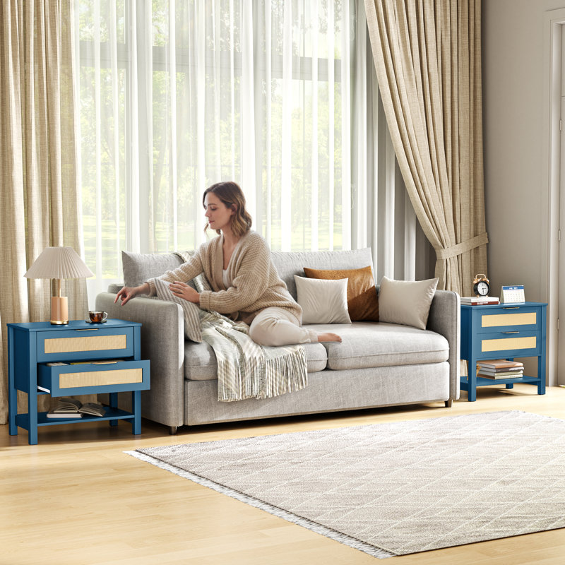 Rattan 2-Drawer End Table Set Of 2, Lake Green