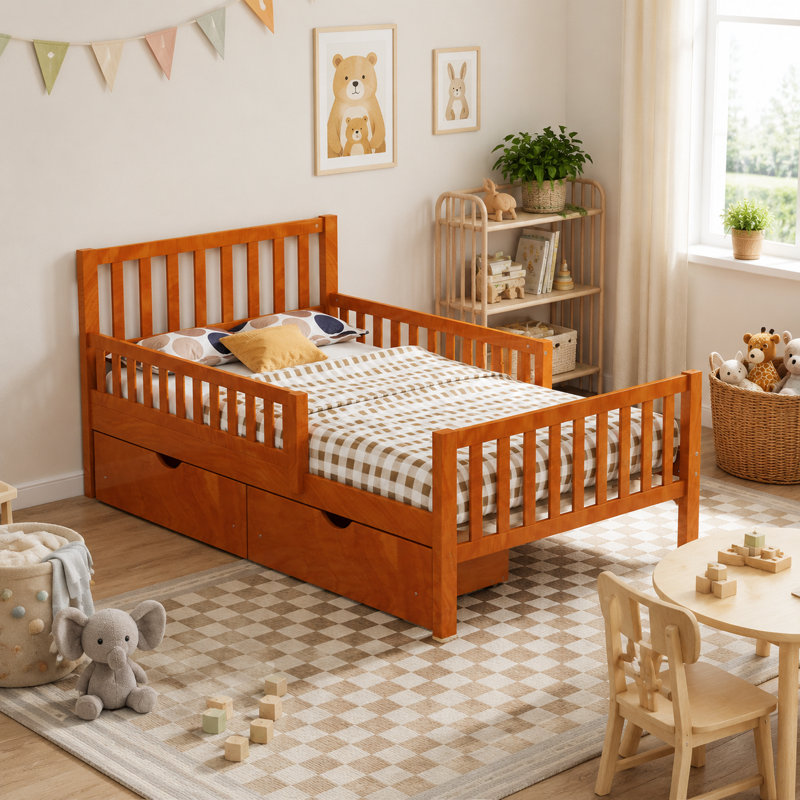 Lit plateforme simple en bois avec garde-corps double et 2 tiroirs de rangement, noyer, Twin, Brown
