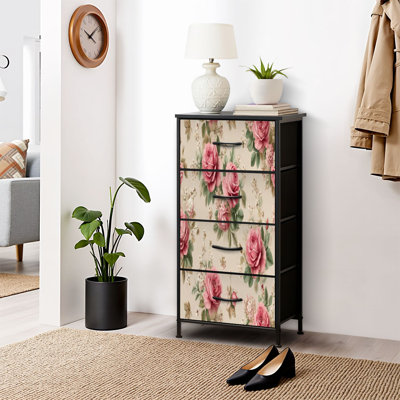 Commode pour chambre à coucher Commode pour chambre à coucher à motif floral rétro Boho rose, rose, beige, roses, feuilles vertes, petites commodes et commodes de rangement en tissu et bacs de rangement avec 4 tiroirs