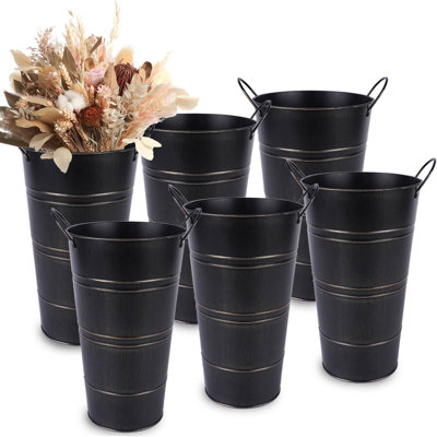 12" Black Galvanized Metal Flower Vases With Handles Set Of 6
