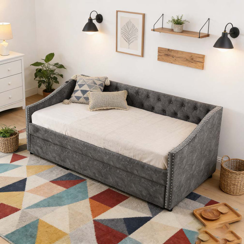 Lit de jour simple avec charge USB et lit extensible escamotable, Gris