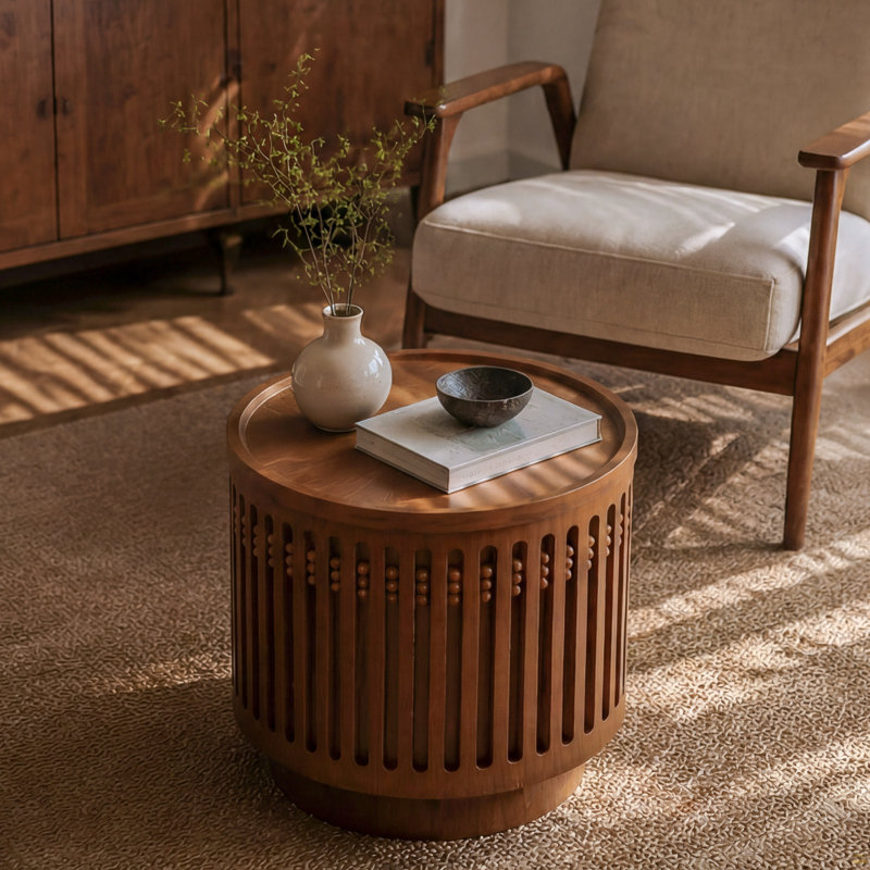 Table d'appoint ronde en bois 18,9 po, table de bout en treillis cylindrique, table basse avec effet de bois massif en grille, table d'appoint Boho avec rangement caché, pour le salon, la chambre à coucher, noyer