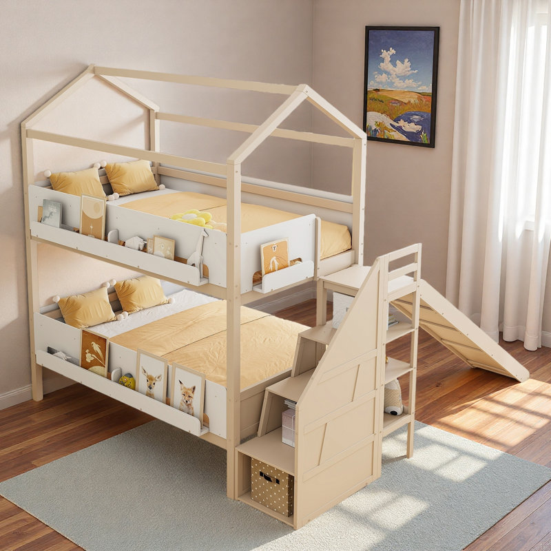 Lit superposé en forme de maison avec escalier de rangement, tablettes de présentation et glissade, Beige / Blanc
