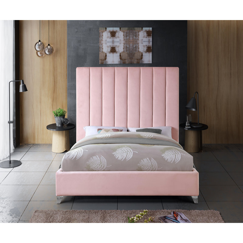 Lit plateforme tapissier Sibert, Très grand, Velours rose