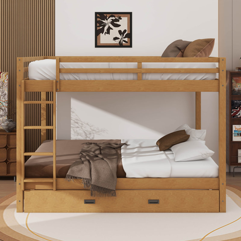Queen-Over-Queen Rustic-Style Wooden Bunk Bed With Ladder & Pull-Out Trundle Bed, Wood