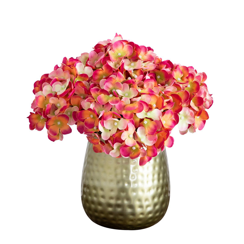 11 po Arrangement d'hortensias artificiels dans un vase en métal, Argent, Rose