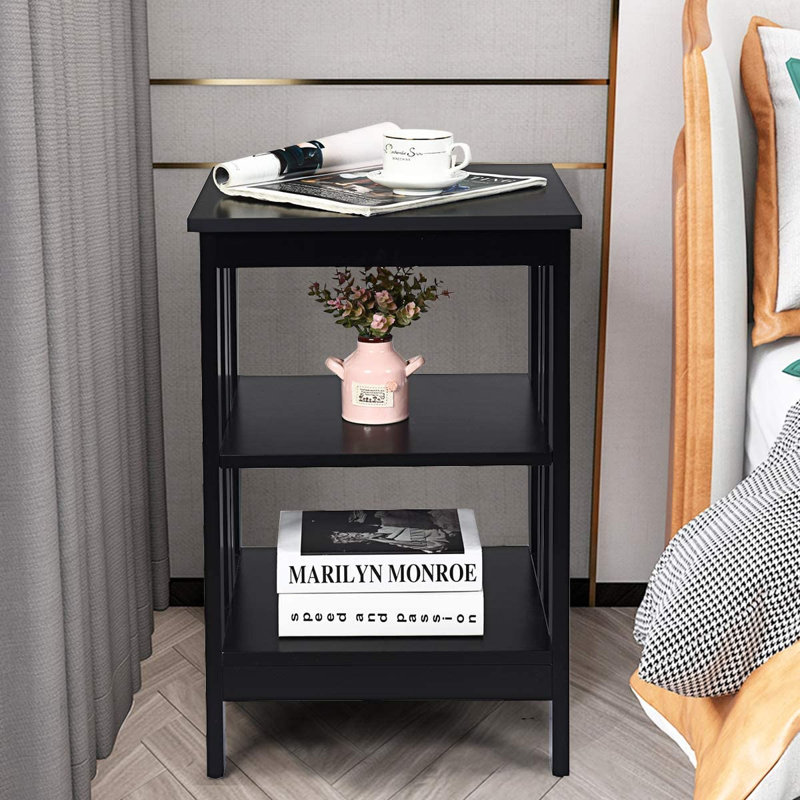 3-Tier Wooden End Table with Side Bars, Black