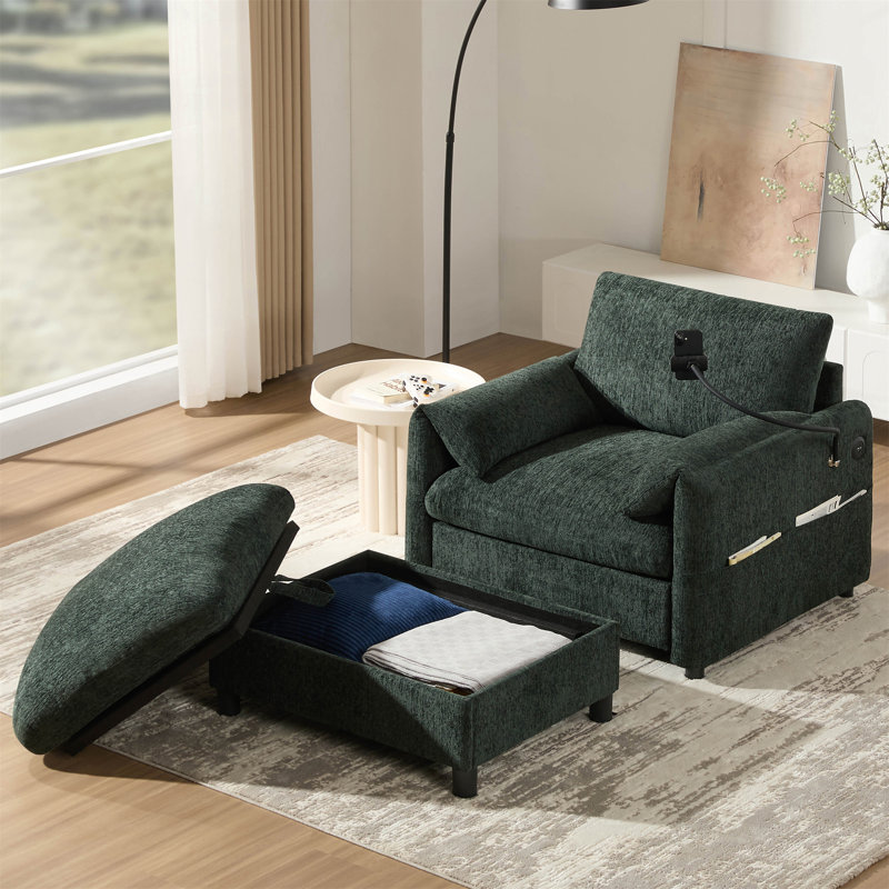 38" Single Sofa With Storage Ottoman, Green