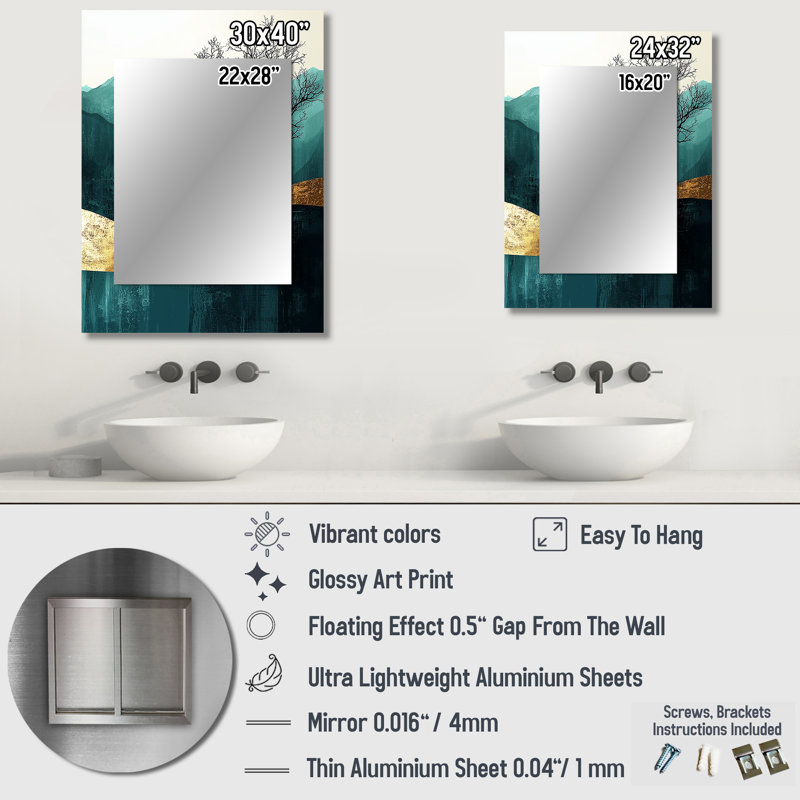 «Quiet Bold Tree In Emerald Gold Harmony», miroir mural unique, impression sur métal, 40 po x 30 po
