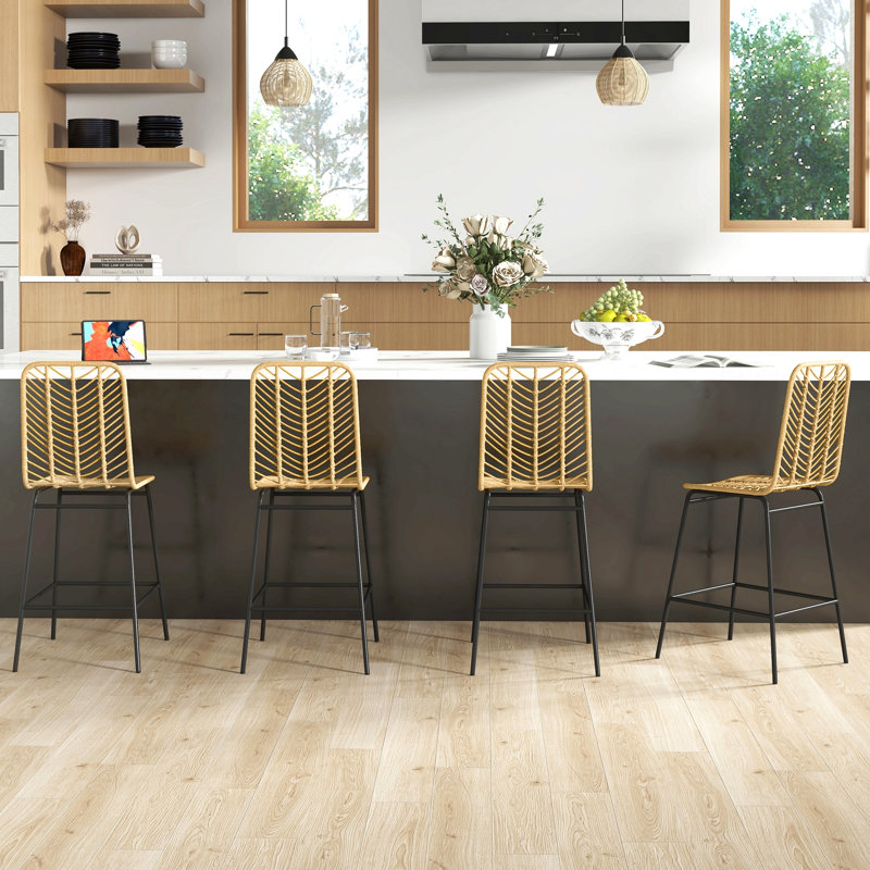 Rattan Bar Stools, 26" Counter Height Barstools, Boho Kitchen Island Stools With Breathable Wicker Seat And Back