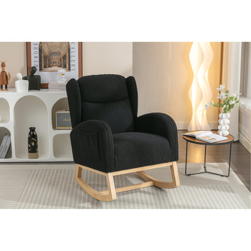 Teddy Fabric Leisure Rocking Chair With Wing Back, Nursery Rocking Chair With Larger Seat,Thickened Headrest And High Backrest, Storage Pocket On The Right Side,The Base Rocker Is Solid Wood,Black