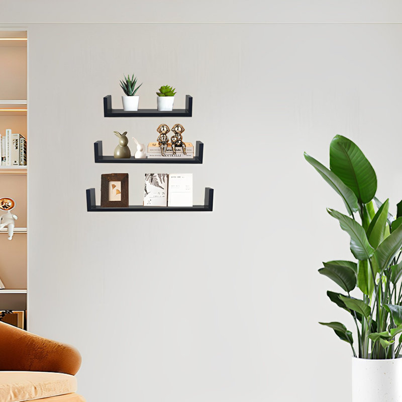 Tablettes flottantes murales, conception en U rustique, solution de rangement polyvalente pour la maison et le bureau