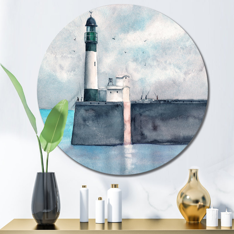 Longue jetée avec un phare - art mural nautique et côtier en métal, H 29 po x l 29 po x P 1 po