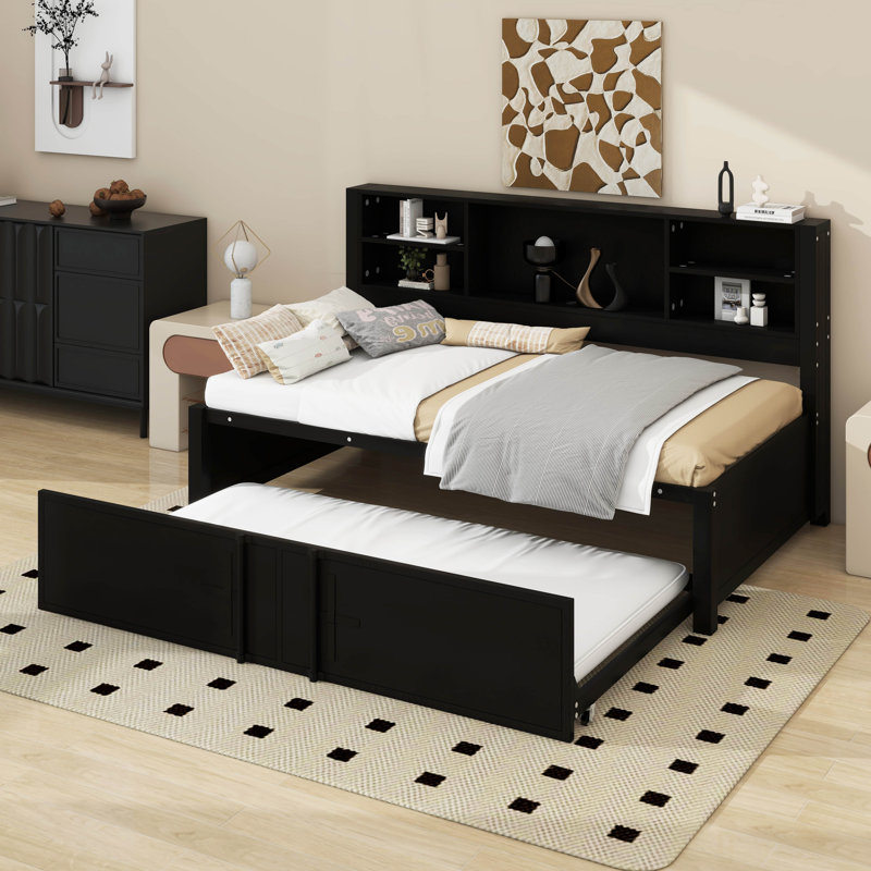 Twin Bed With Trundle And Storage Bookcase, Daybed Sofa Bed, Black
