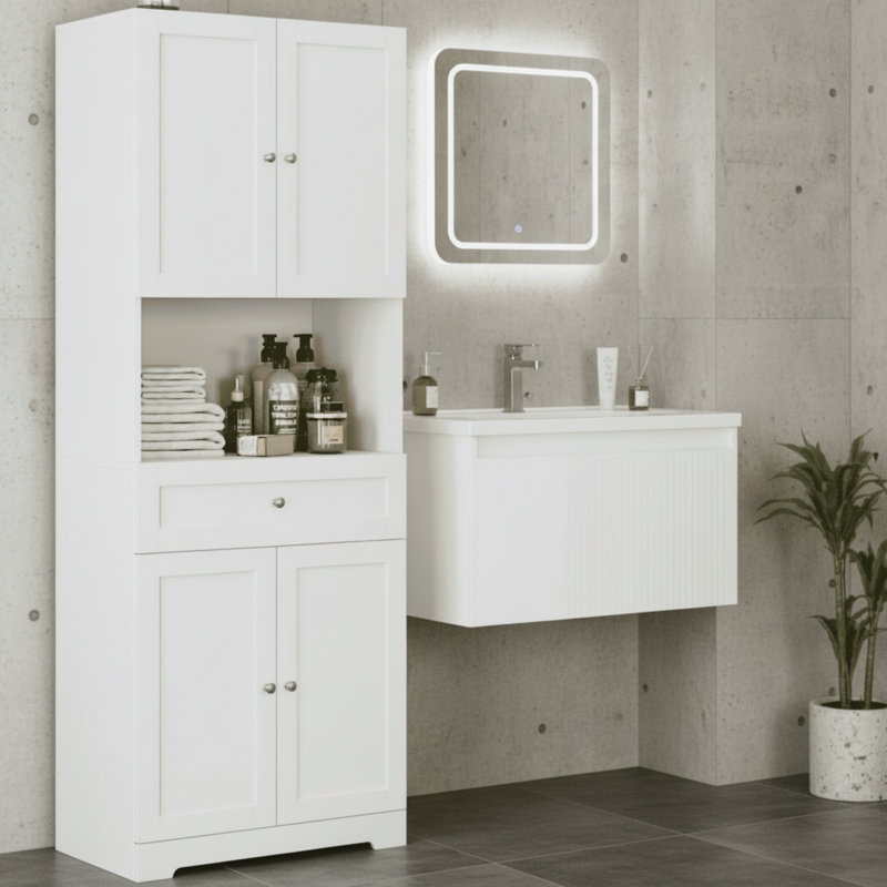 67.5-Inch Tall White Four-Door Bathroom Vanity With Drawers, Freestanding Modern Style, White