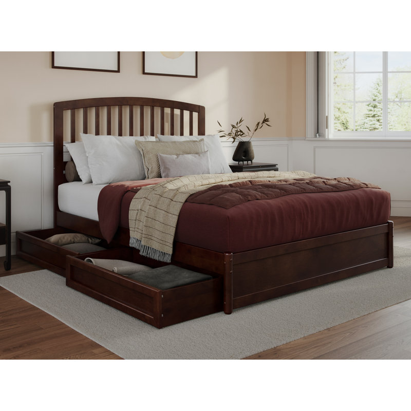 Lit plateforme en bois massif avec pieds de lit et tiroirs de rangement Lamari, Noyer, Simple TG