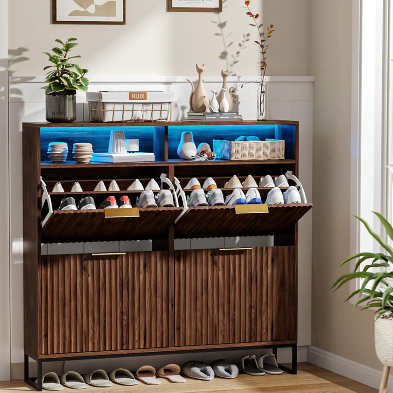 47.2 Inch Wide Slatted 4 Flip Drawers 1 Compartment Storage LED Light Shoe Cabinet, Walnut