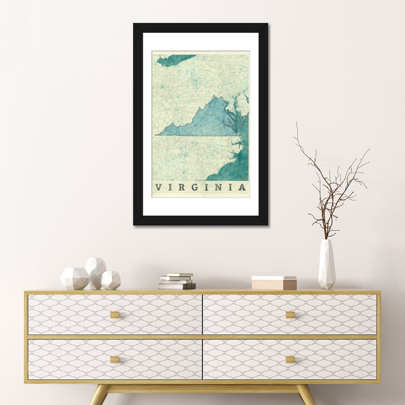 «Virginia Map», impression sur toile, H 24 po x l 16 po x P 1 po, Papier d'art encadré noir, Blanc
