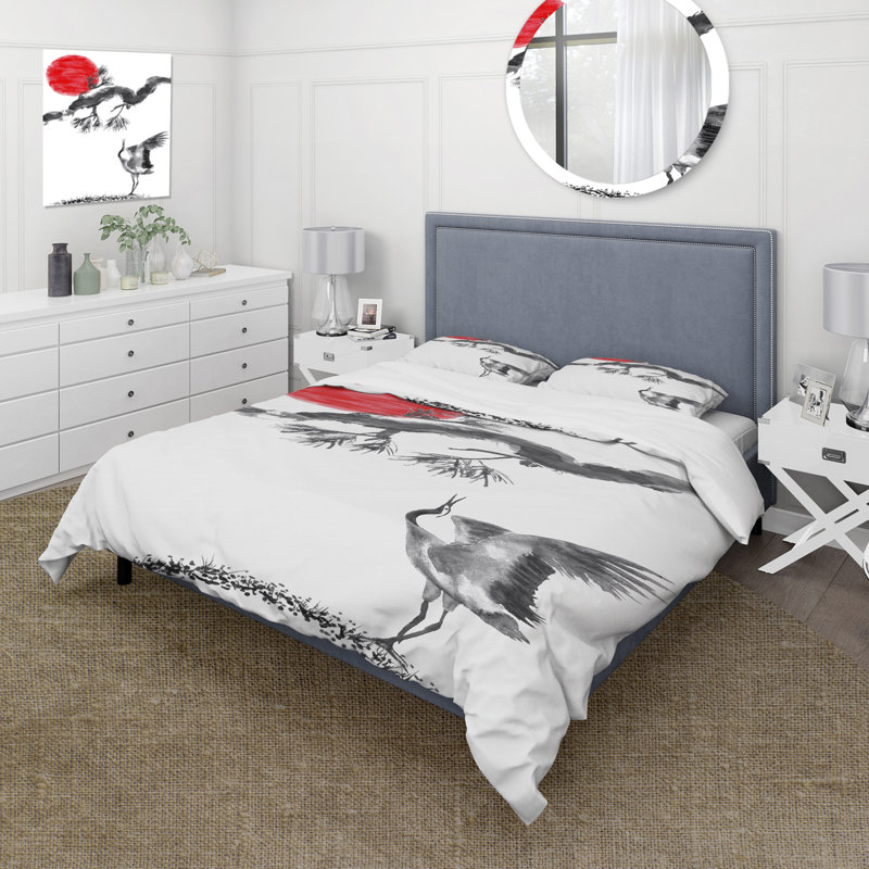Pin chinois avec grue japonaise - ensemble de housse de couette traditionnel - microfibre de polyester