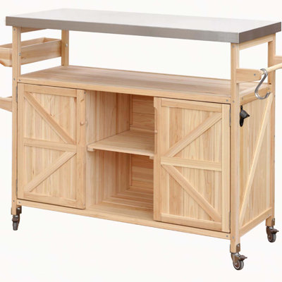 Îlot de cuisine extérieur, chariot à roulettes et armoire de rangement, table de barbecue d'extérieur en bois massif avec plateau en acier inoxydable, support à épices, support à serviettes pour cuisine et barbecue, naturel