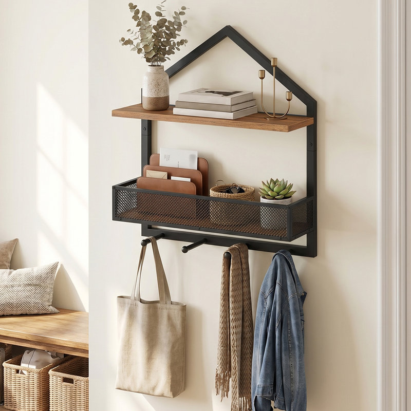 Wall Shelf With Hooks, Industrial Floating Shelf For Wall, Accent Shelf With Metal Mesh Guard, 2-tier Storage For Entryway, Kitchen, Bedroom, Bathroom