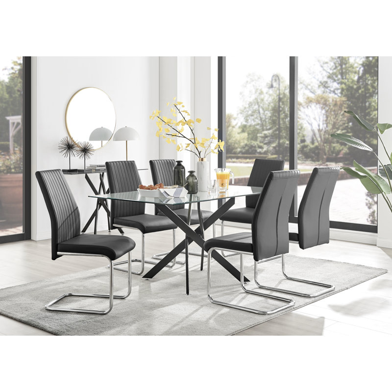 Lenworth Black Metal and Glass Rectangular Dining Table Set with 6 Upholstered Faux Leather Chairs, Black