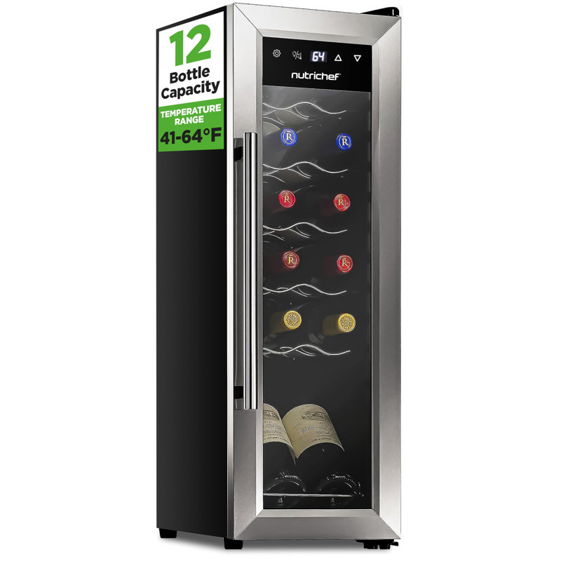 NutriChef Single Zone 17.72'' Freestanding 12 Bottle Wine Refrigerator