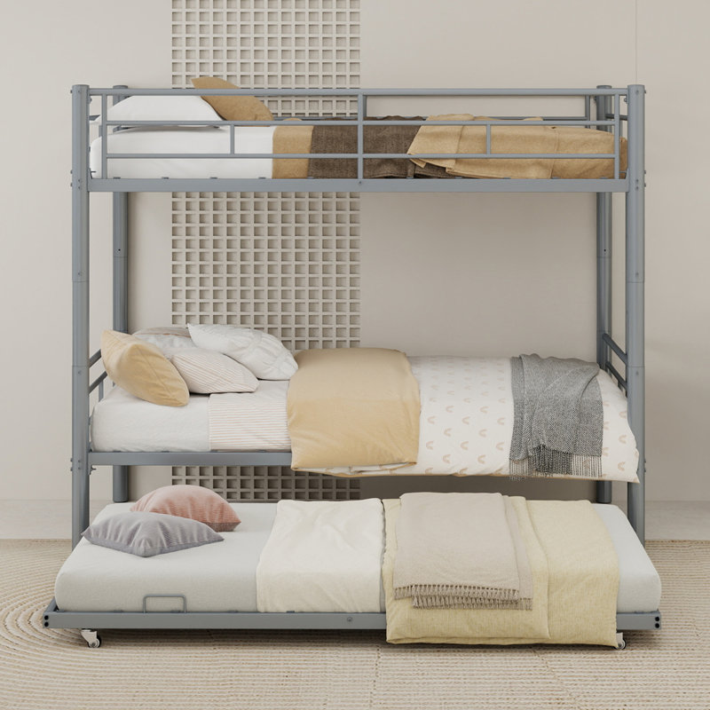 Heavy-Duty Sturdy Meta Twin Over Twin Bunk Bed/L/ Noise Reduced/ Safety Guardrail/No Box Spring Needed,Silvery, Silver