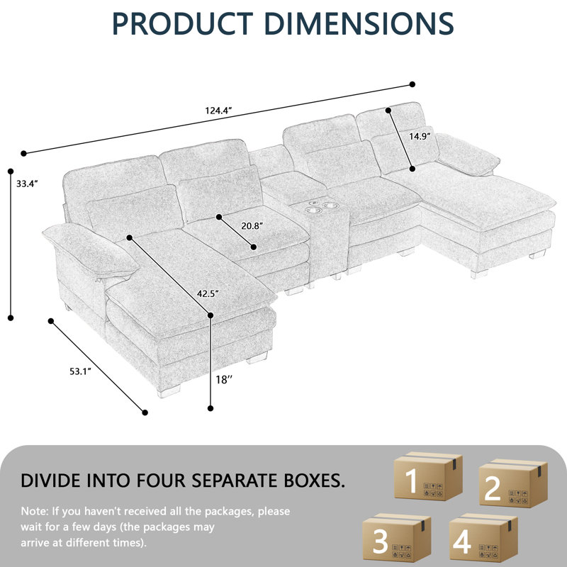 124'' U-shaped Sectional Sofa, 4-Seater Modular Sofa With Storage, Living Room Cloud Couch Sleeper Sofa Sectional With Chaise,With Console And USB 
