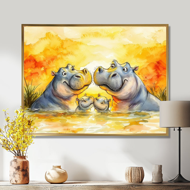 Famille d'hippopotame en Afrique I - impression d'art mural hippopotame, H 16 po x l 32 po, Gold