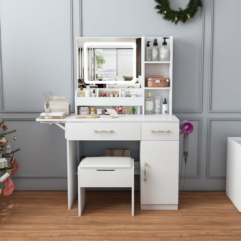 Bureau de coiffeuse avec miroir à DEL, prise de courant et rangement, parfait pour le maquillage et l'organisation dans les chambres modernes
