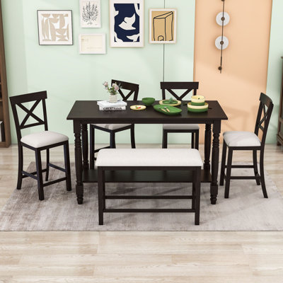 Ensemble de salle à manger 6 pièces Danilah, table en bois avec tablette, chaises rembourrées et banc pour la salle à manger