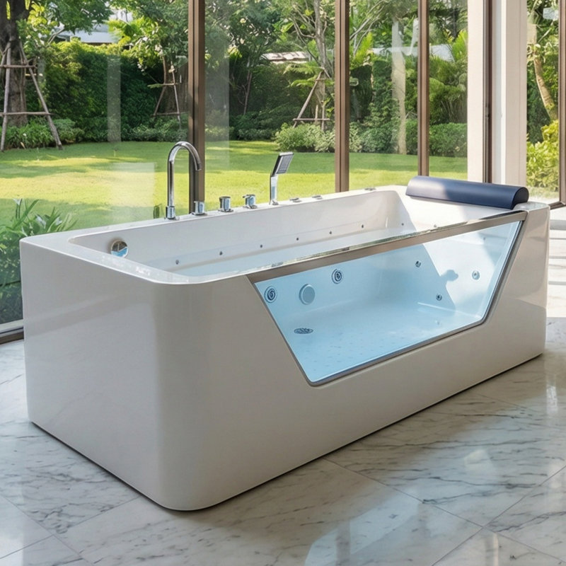 67" Modern Spa Massage Bathtub with Tempered Glass Panel, 7 Hydrotherapy Jets, LED Chromatherapy Lighting, Ergonomic Backrest, 660 lbs Capacity